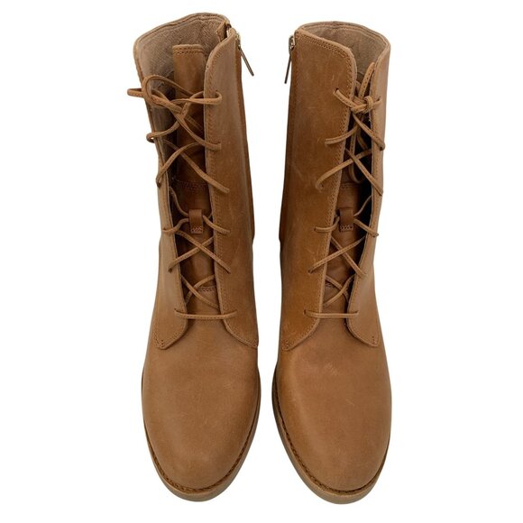 Rare UGG Womens Oriana Size 12 Tan Leather Lace-Up Zip Ankle Boots Stacked Heel - Picture 9 of 16
